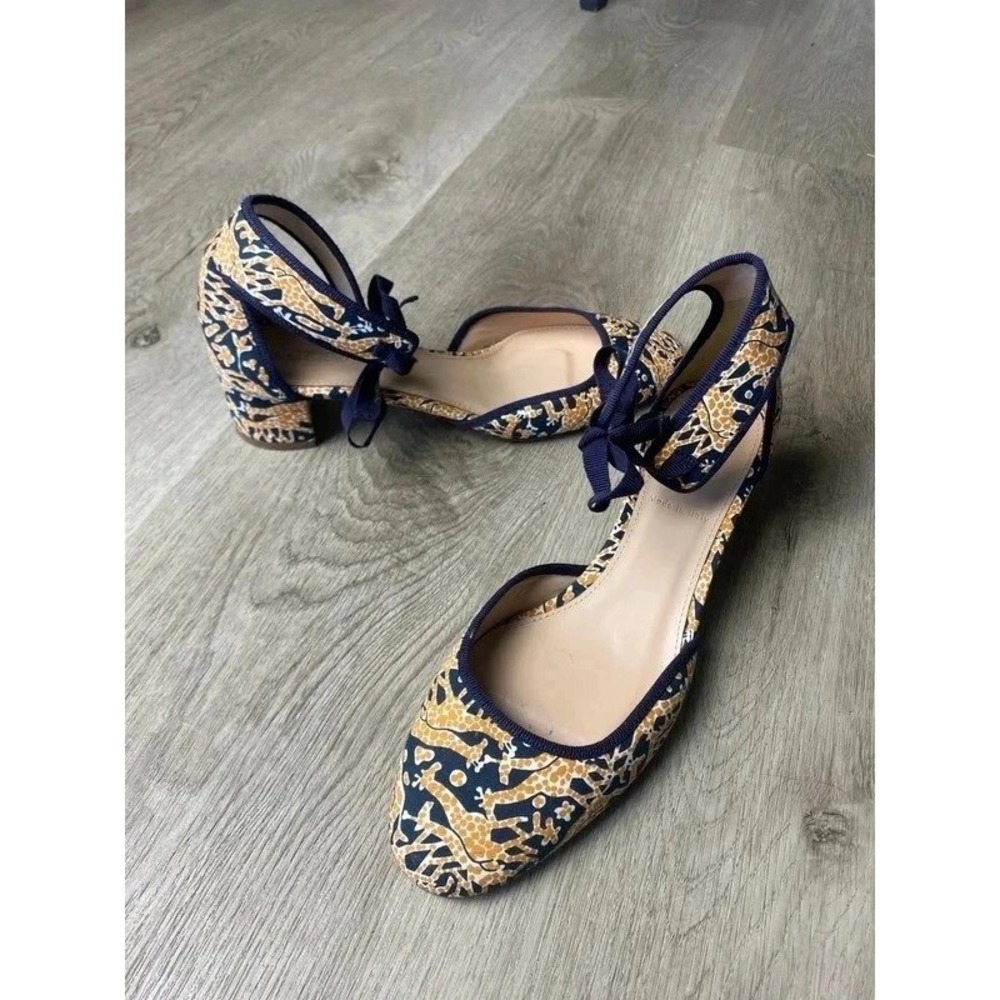Drake's for J.Crew Giraffe Print Navy & Yellow Block Heel d'Orsay Pumps - Size 8